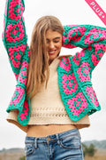 OVERSIZED TWO TONE FLORAL SQUARE CROCHET OPEN CARDIGAN: WHITE BLACK