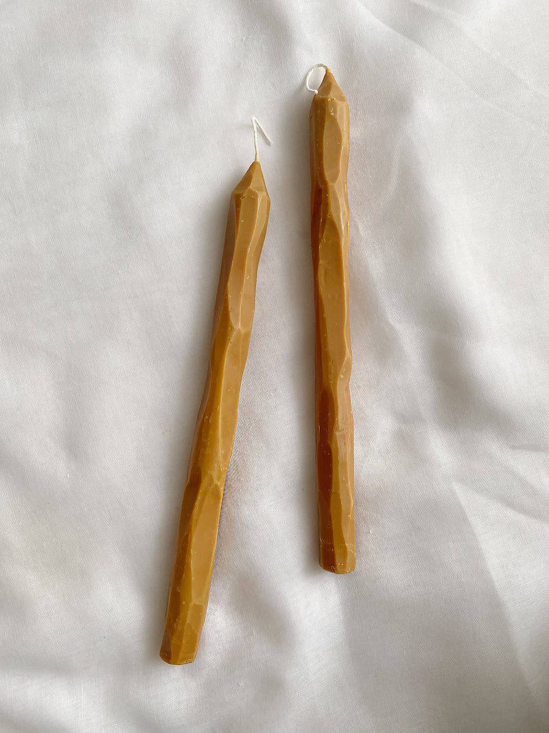Hand carved Toffee tapered candle sticks. Vegan, soy wax