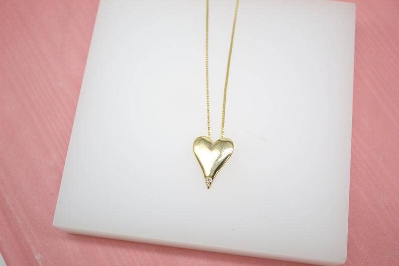 18K Gold Filled Heart Pendant With CZ Clear Stones Dainty Delicate Box Chain Necklace (G113)