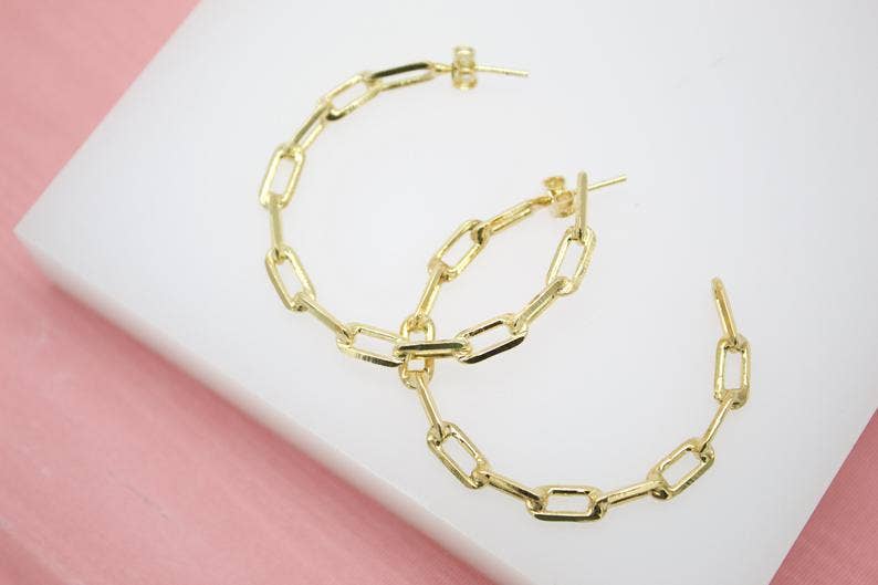 18K Gold Filled Paper Clip Link Hoops Stud Earrings(K171)
