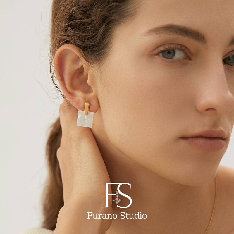 White Mother of Pearl Stud Earring Rainbow Shell Square Stud